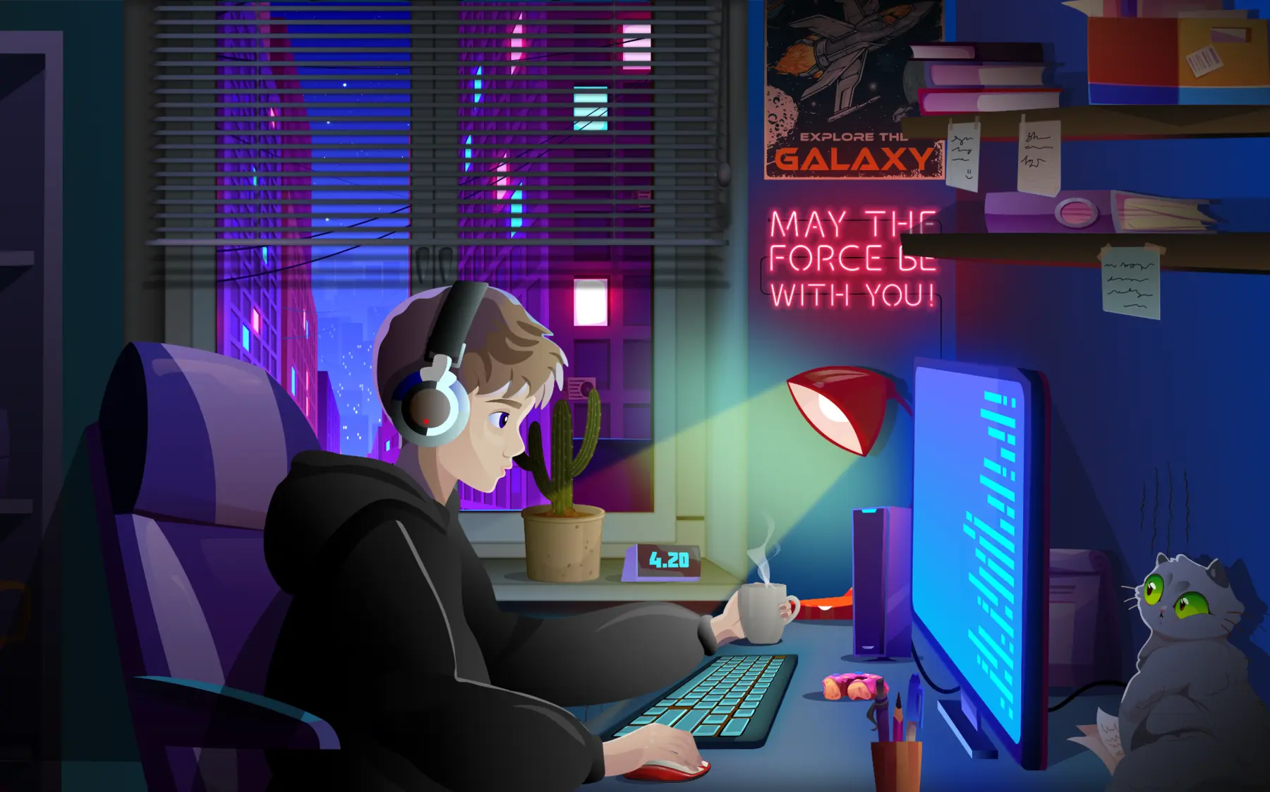 Illustrated game development studio at night